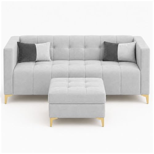 Image of FURNY Homeliving 4 Seater L Shape Sofa Set with Movable Ottoman & Golden Legs | Flexible Left or Right Layout | Plush Velvet Fabric (Light Grey) | Perfect for Living Room, Guest Room & Office