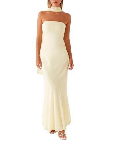 Cusghjbsg Robe longue tube pour femme avec écharpe - Sans manches - Style bohème - Motif floral - Sans bretelles - Dos nu - En maille - Bandeau - Longue robe...