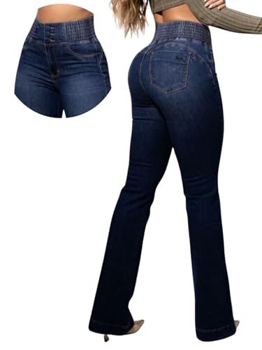Flare Jeans for Women Tummy Control Bootcut Jeans Stretchy Button Fly Bell Bottom Butt Lifting High Waisted Denim Pants