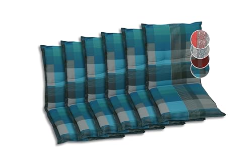 GO-DE Textil Bequeme und attraktive Polsterauflagen für Niederlehner-Gartenstühle (6er-Set, Karo Petrol, Niederlehner)