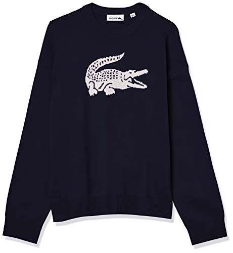 Lacoste Women's Crewneck Big Croc Interlock Sweater, Navy Blue/Cake-Flour White, 6