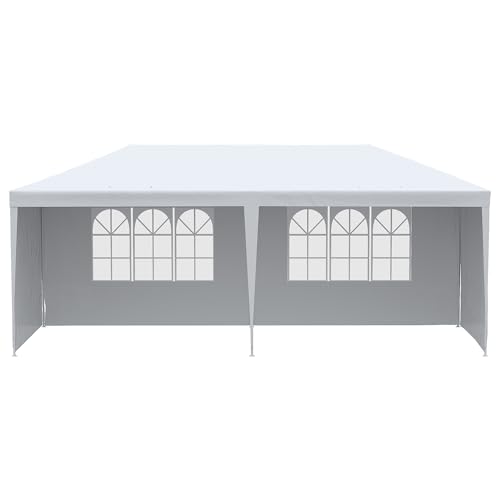 Outsunny Carpa de Jardín 6x3 m Pabellón con 4 Paredes Laterales y 2 Ventanas Visibles Anti UV Impermeable Cenador Gazebo de Exterior con Marco de Acero para Fiestas Eventos Bodas Blanco