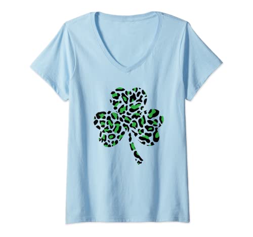 Mujer Patrón de trébol estampado leopardo verde Día de San Patricio Irlandés Camiseta Cuello V