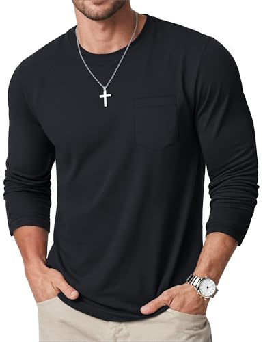MAGCOMSEN Men's Long Sleeve Shirt with Pocket Cotton Crew Neck Shirts Casual Lightweight T-Shirt