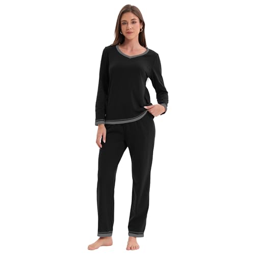 Zinnora Damen Langarm Schlafanzug Zweiteiliges Pyjama Set mit V-Ausschnitt Shirt und Hose Weicher Baumwollmix Hausanzug mit Kontrastdetails XL Schwarz