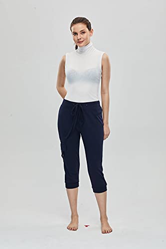 HSRKB Women's Yoga Capris Workout Pants Athletic Cropped Pants with 3 Pockets Navy Blue