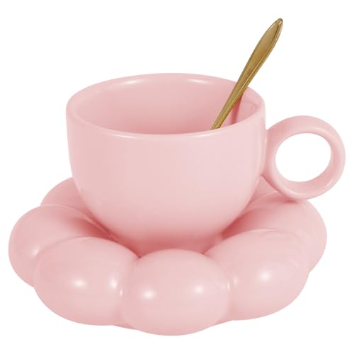 Canecas de café de cerâmica com pires de girassol e colher xícara de chá de cerâmica fofa para casa e escritório, caneca de café de 200 ml para café, chá e sucos (rosa)