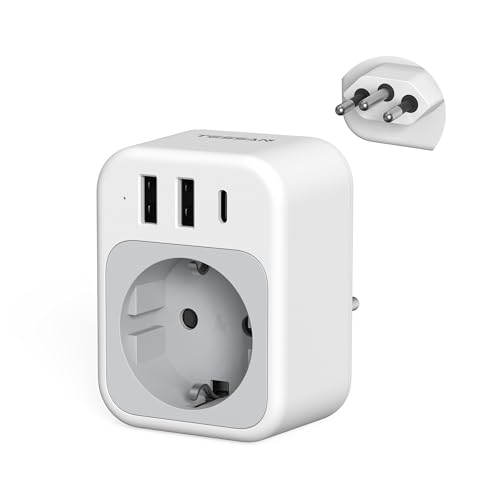 TESSAN Adaptateur Prise Bresil avec USB C, Adaptateur Type N, 4 en 1 Prise Type N avec 1 AC et 3 Ports USB, 3250W Travel Adapter de la France vers Le Brésil