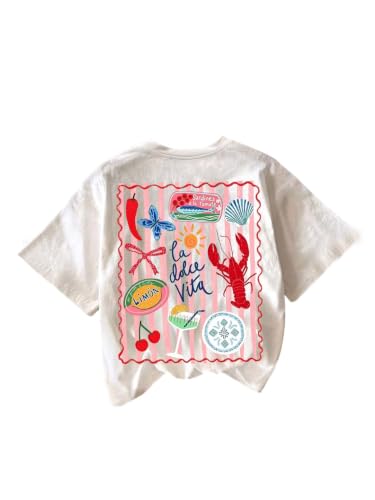 Image of RoseSeek Women's Graphic Letter Tee Crew Neck Trendy Summer Vintage T Shirt