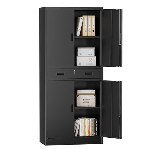 Image of Metal Storage Cabinets with 1Drawer, 71 inch Storage Cabinet with 4 Locking Doors and 2 Adjustable Shelves, Steel Storage File Cabinet for Pantry Home, Kitchen, Office, Garage (Black)