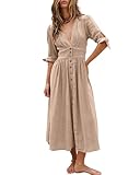 Locachy Women's Lightweight Cotton Casual Summer Dresses V Neck Button Down Short Sleeve Midi Skater Dresses Light Khaki S