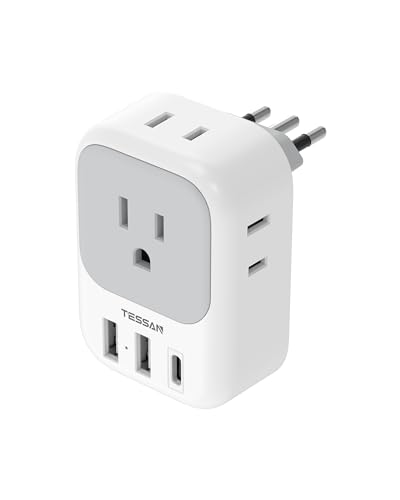 Italy Travel Plug Adapter, TESSAN Type L Adapter for Travel with 4 Outlets 3 USB Ports (1 USB-C), Power Adaptor for US to Italy Chile Rome Uruguay Milan Libya