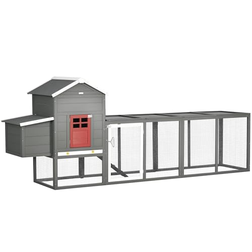 PawHut Gallinero para Exterior Grande de Madera, 300x66x116 cm, para 3 6 Gallinas, Gallinero con Nido, Corral, Bandeja Extraíble, Techo Asfáltico, Rampa, Puerta con Cerradura, Conejera, Gris