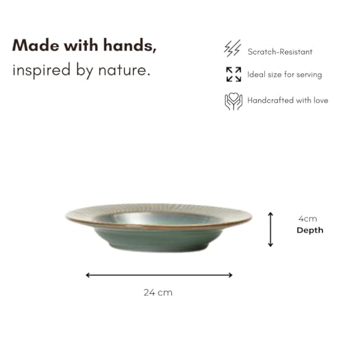 Image of Beyond Homes Ceramic Pasta Plates Shallow, 9.5 Inch, Set of 2 | Gloss Metallic Glaze | Ceramic Pasta Bowls | Stoneware Flat Pasta & Maggie Bowl | Chip-Resistant | Microwave Safe (2, Jade Green)