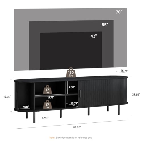 Image of 70.8 inch TV Stand with Power Outlet, Mid-Century Modern Television Stand, Fluted Media Console with Sliding Doors, Entertainment Center for TVs up to 60 Inch, Adjustable Shelves, Black
