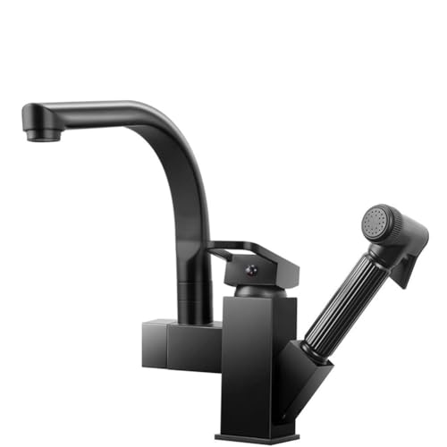 JRUIA Grifo De Cocina, Grifo De Lavabo Negro Giratorio 360°, con Ducha Extraíble, Agua Fría Y Caliente, Grifo Monomando para Baño Y Lavabo, Grifo Mezclador De Acero Inoxidable