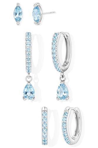 GoldGifts March Birthstone Aquamarine Earrings - Light Blue Jewelry Gift Hypoallergenic Sterling Silver Small Huggie Hoop Set for Women Dainty Trendy Stack Dangle Studs for Cartilage Helix