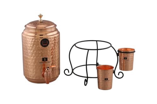 Image of SHANKAR & SONS 5 Litre Copper Water Dispenser Pot with Black Iron Stand and 2 Glasses | Hammered Texture, Non-Toxic, BPA Free with Added Health Benefits Traditional Matka for Drinking Water