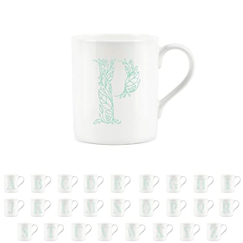 Purely Home Floral Green Letter P Mug - Fine Bone China Small Coffee Tea Mug Present Personalised Initial Gift