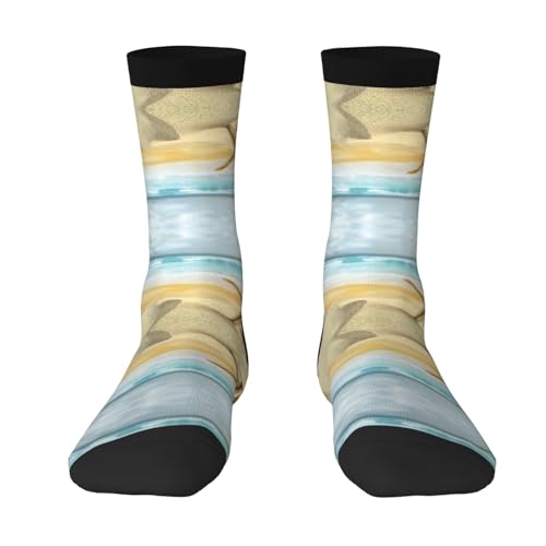 FHIZOAL Calcetines modernos de estrellas de mar y coral en playa de arena para adultos, calcetines de media tripulación, alta elasticidad, absorben la humedad, uso diario, al aire libre, fitness
