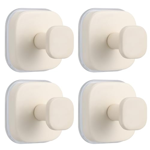 Image of No-Drill Reusable Suction Cup Hooks, Towel, Robe, Loofah, Coat Hook for Glass, Mirror, Tile, Shower, Bathroom, Kitchen & Metal (Smooth, Non-Porous Surfaces) (4, Milk White)