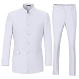 Men's Chinese Tunic Suits Mandarin Collar Suit Slim Fit 2 Piece White Suit Men Front Button Blazer Traditional Formal Groom Suit XL