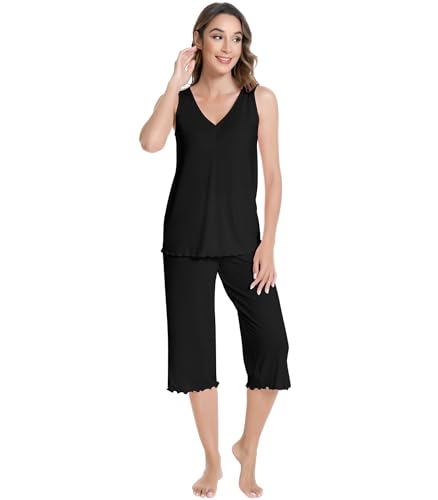 Image of NACHILA Women's Pajamas-Viscose made from Bamboo, V Neck Pjs Top with Capri Pants Pajama Set Sleeveless Sleepwear