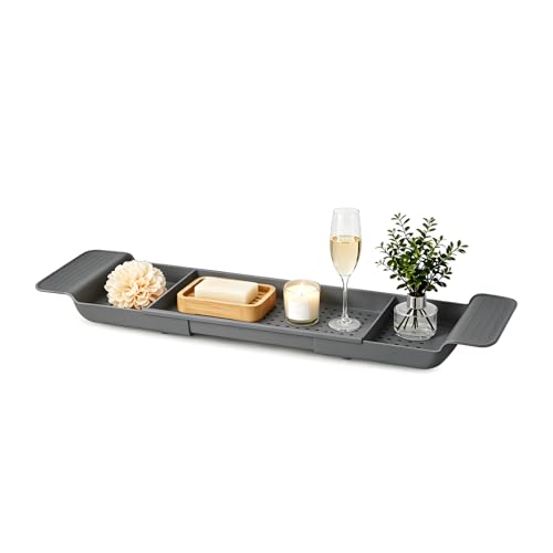 ARATERVIO Verstellbares Badewannen-Tablett 5678cm Teleskop Badewannenablage mit Ablauföffnungen erweiterbarer Badewannen-Organizer für Wein Bücher Tablets Handy & Kerzen (Schwarz)