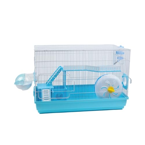 Fiozwea脱走防止メタルメッシュハムスターケージ、二重構造の高級ヴィラキャッスルベースケージ、ハムスターの巣、ペット用ゴールデンベア、大型ヴィラサイズ (ブルー,ロングプラットフォーム+外部バスルームモデル)