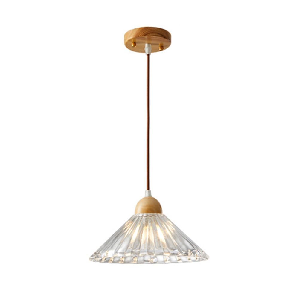 NHPJFDC Pleated 9.8-Inch Cone Retro Modern Bedside Pendant Light, Clear Ribbed Glass Oak Wood Hanging Lamp for Kitchen Island Dining Room E26 Ceiling Fixture