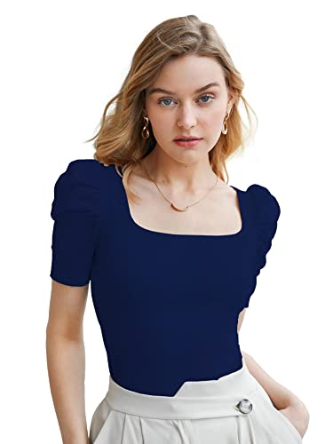 Image of Shasmi Women's & Girl's Polyester Pleated High Neck Short Puff Sleeve Ruched Bust Solid Regular Fit Top