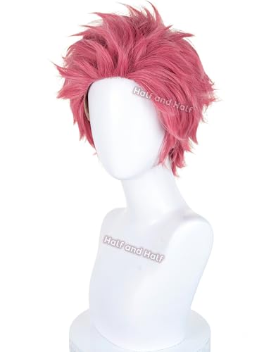 Image of Half and Half Akaza Cosplay Wig Short Rose Red Pink Demon Anime Wig Men's Dark Pink Ghost Layered Wigs for Male Men Halloween Party Daily Unisex Costumes
