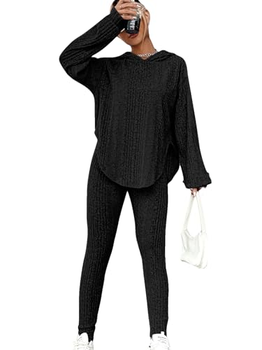 WDIRARA Women's 2 Piece Ribbed Outfit Asymmetrical Split Hem Long Sleeve Hoodie and Leggings Set