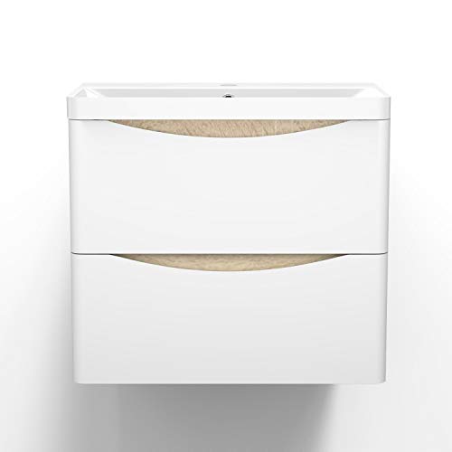 AICA sanitaire Meuble sous Vasque De Salle De Bain Suspendu Blanc et Bois Clair avec Lavabo Espace De Rangement 60cm – vue 3