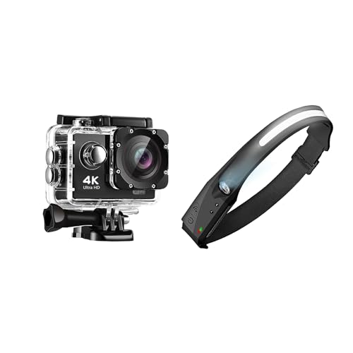 Pro Xtreme 4K Action Camera - Ultra HD Waterproof Camera Video Camera with Wi-Fi, 170° Wide Angle Lens and Tactical Headlight - 230° Wide Beam LED Tactical Headlamp, Rechargeable USB-C Headlight with