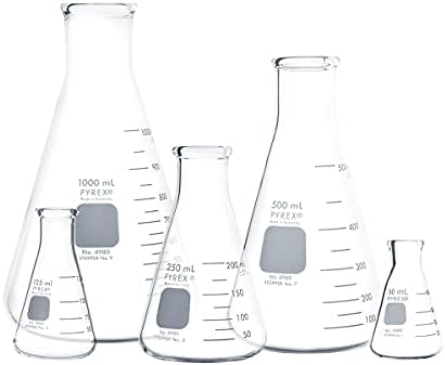 PYREX Narrow Mouth Erlenmeyer Flask with Heavy Duty Rim - Borosilicate Glass Flask – Premium Glass Chemistry Flask for Laboratory, Classroom or Home Use - PYREX Chemistry Glassware, Multipack, Set of 5