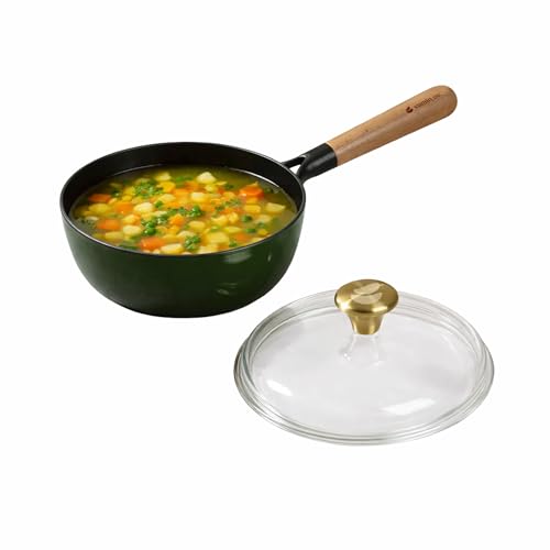 Image of CUMIN CO. Cast Iron Sauce Pan with Lid | 1.5 litres, 18 cm | Induction Base Cookware |5 Years Warranty | Non Toxic Pan for Tea and Serving Sauces | Chemical Free Coating | Beechwood Handle | Green