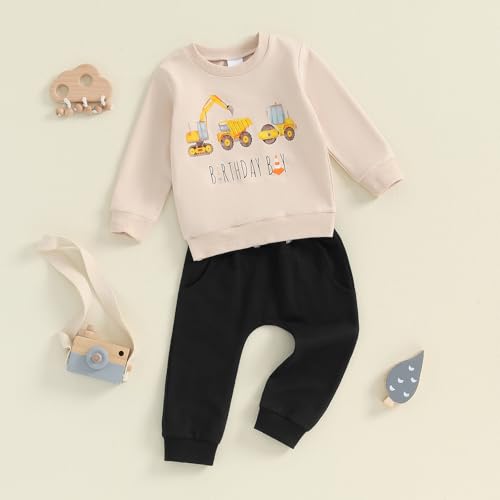 Birthday Boy Outfit Toddler Baby Boys Construction Excavator Pullover Sweatshirt and Solid Jogger Pants Set3