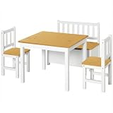 HOMCOM Mesa Infantil con 2 Sillas y Banco con Almacenaje Blanco y Natural