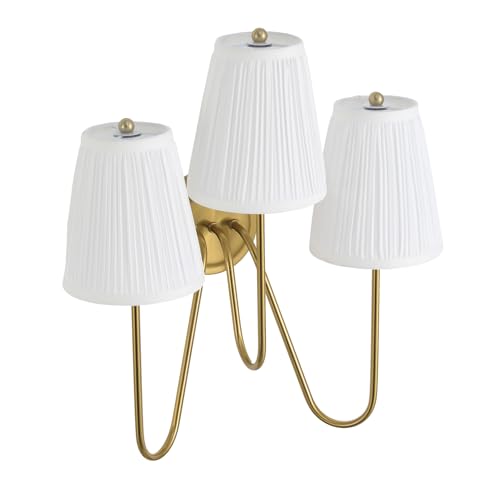 Image of Electro bp; Elegant Triple Sconce Polished Gold Curved Metal Arm with Warm White Pleated Fabric Lamp Shades Brocade Cover Wall Light Fixture,E12,3 Sockets,120W,Hardwired;
