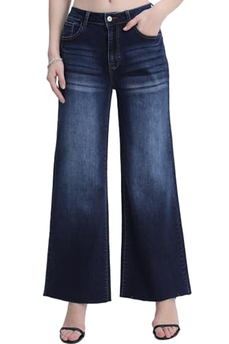 Women's Wide Leg Jeans High Waisted Stretch Loose Fit Denim Pants with Vintage Whisker Distressed Details