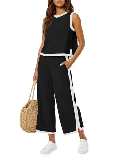 Fisoew Womens 2 Piece Outfits Summer Sleeveless Wide Leg Capris