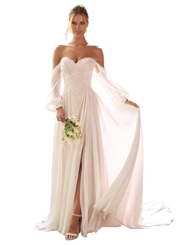 Lace Wedding Dresses for Bride A-Line Long Sleeve Flowy Simple Ivory Chiffon Boho Bridal Gowns with Slit Style10 Us4