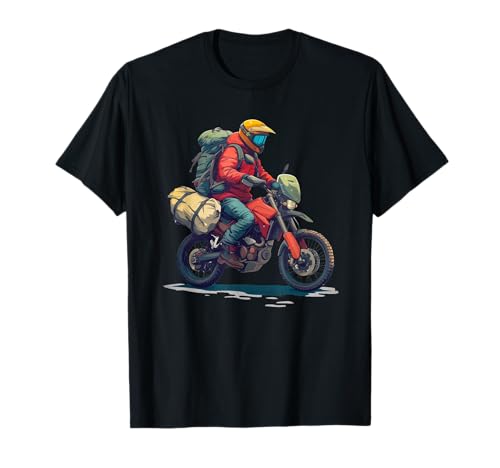Adventure Motorcycle Rider with Camping Gear T-Shirt
