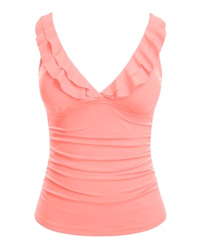 Image of Ruffle V Neck Tankini Top Only Women Tummy Control Swimsuit Tank Top | Removable cups for custom bust lift, Blend soft spandex to stretch easily