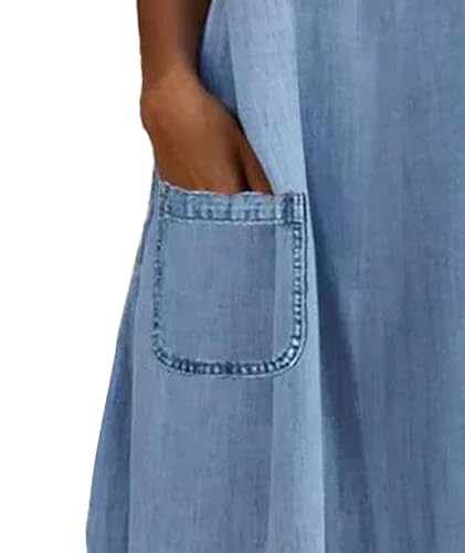 Image of SOMTHRON Women's Denim Shirt Dress Lapel Tulle Short Sleeve Button Down Loose Jean Tunic Midi Dress with Pockets