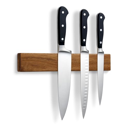 LARHN Porte Couteaux Aimanté Mural, Barre Magnétique sans Perçage en Acacia, 30 cm