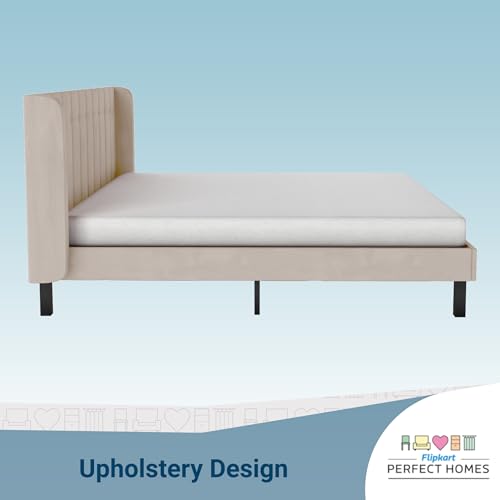 Image of Wooden Modern Upholstered Queen Size Bed for Bedroom | Wooden Double Bed Without Storage | Platform Cot Upholstered Bed with Upholstery Fabric | Engineered Wood | 6.5 x 5 Ft | Beige-A