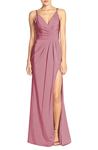 homdor V Neck Spaghetti Satin Prom Dresses 2021 Long Wrap Bridesmaid Dress with Slit Formal Evening Gown Dusty Pink Size 14