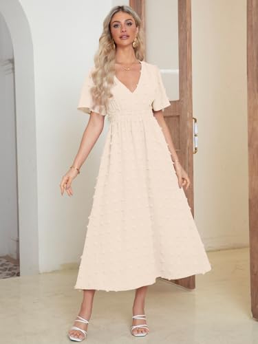 Image of Simplee Womens Boho Maxi Dress Summer Wedding Guest Short Sleeve V Neck Swiss Dot Flowy Dresses